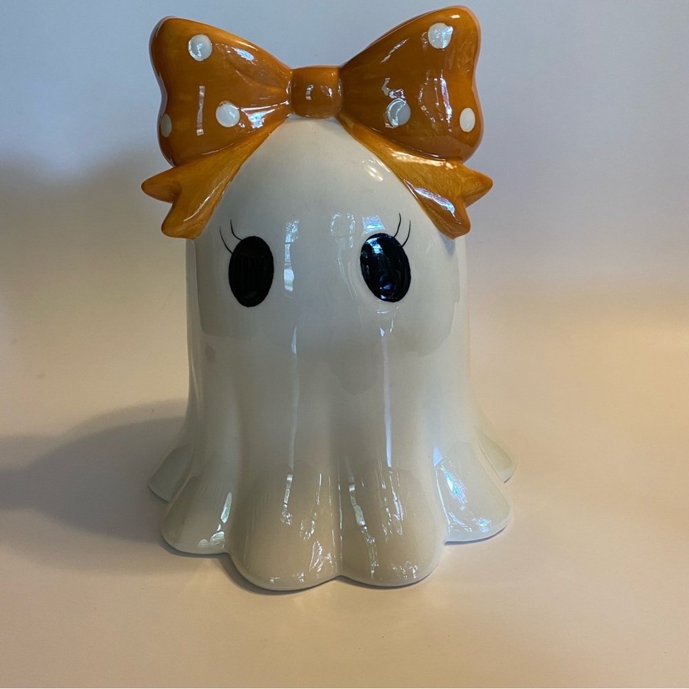 Cute Ceramic Kawaii Ghost Figurine with Orange Polka Dot Bow Halloween Decor New
